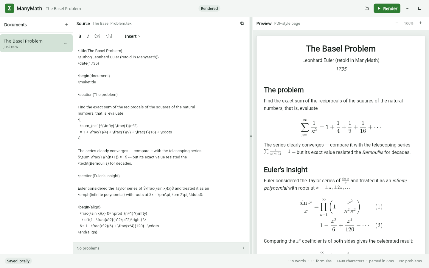 ManyMath editor showing LaTeX source beside a rendered mathematics paper